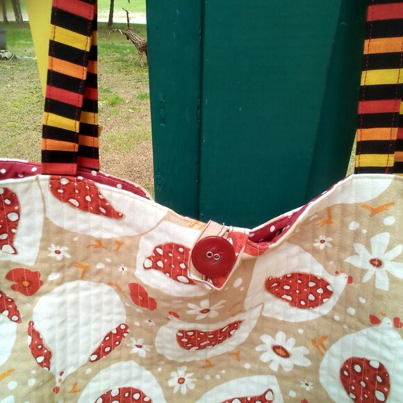Handmade Tote Chickens  Flowers Striped Handles Polka Dot Lining. 21" X 13" NWOT - Picture 3 of 11